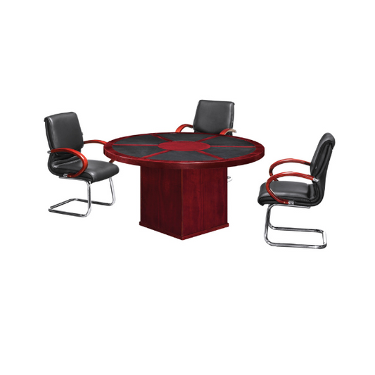 1.5M Mahogany Veneer Round Meeting Table with Leather Inlay