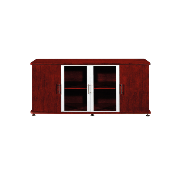Mahogany Veneer cabinet with four doors, two central glass-paneled doors framed in silver metal and two solid wooden side doors, each with vertical metal handles. Inside the glass section, shelves provide storage space. The cabinet stands on small, rounded metal feet, combining modern wood and metal design.
