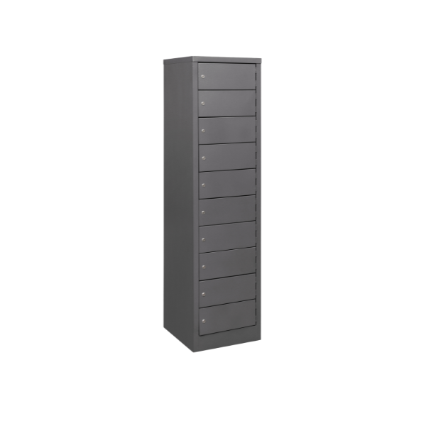 Tall gray metal storage cabinet with multiple vertically arranged compartments, each featuring a round knob or lock, designed for secure and organized office or industrial use.