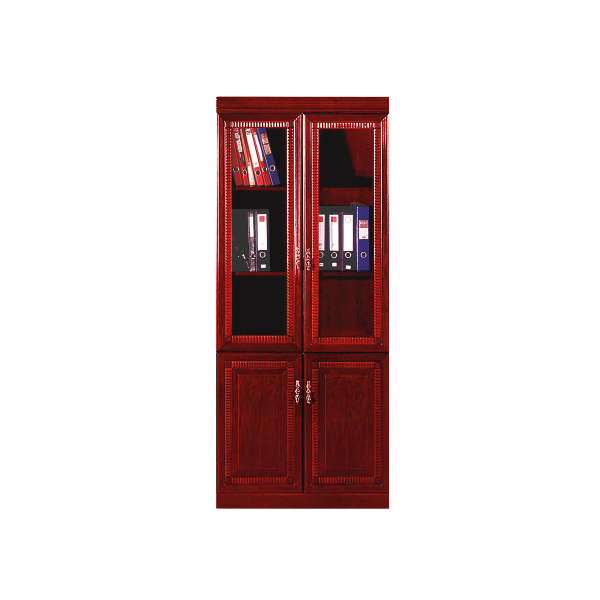 Tall wooden cabinet with a polished reddish-brown finish, featuring two upper glass-paneled doors and two lower solid wooden doors. The upper shelves display neatly arranged ring binders and folders in red, black, and blue, while the lower section remains closed, presenting an organized office storage unit.