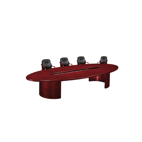 A large oval-shaped conference table made of polished dark wood with a central rectangular opening, accompanied by four black office chairs featuring red armrests and frames, arranged in a formal meeting setup.