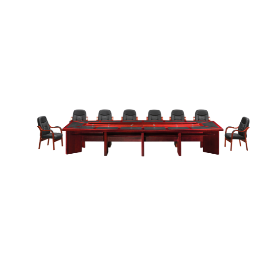 Large 4.8-meter mahogany veneer boardroom table with a central black leather inlay, surrounded by eight black leather chairs with wooden armrests, arranged evenly to create a formal and professional meeting space.