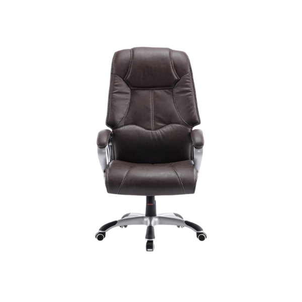 Dark brown leather ergonomic office chair with high back, cushioned seat, padded armrests, and five‑wheel base for modern workspace comfort.