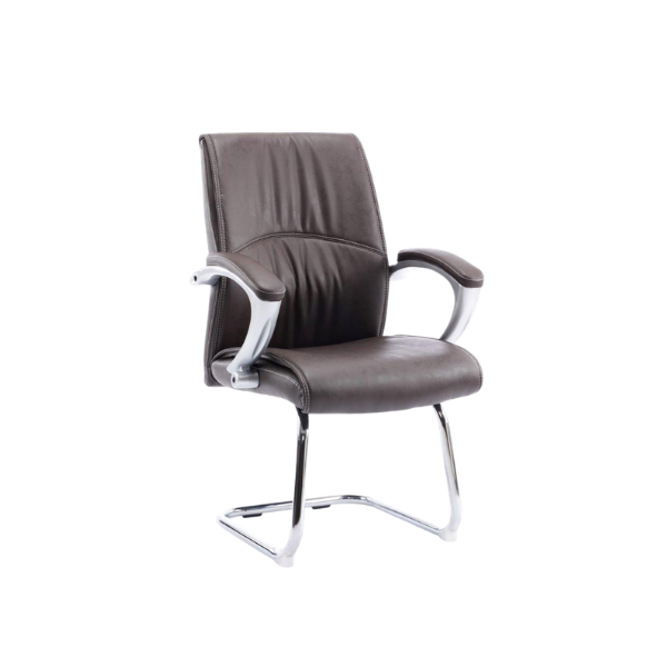 Dark brown leather executive office chair with cushioned seat, contoured backrest, padded chrome armrests, and cantilever base for modern conference room style.