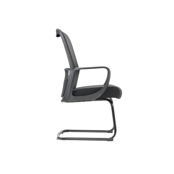 Side view of modern office chair with black mesh backrest, cushioned seat, curved armrests, and sleek cantilever metal frame for ergonomic support and minimalist style.