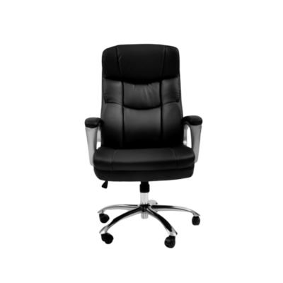 A modern and elegant chair that features a shiny chrome base and a smooth leather seat.