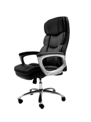 A modern and elegant chair that features a shiny chrome base and a smooth leather seat.