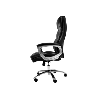 A modern and elegant chair that features a shiny chrome base and a smooth leather seat.
