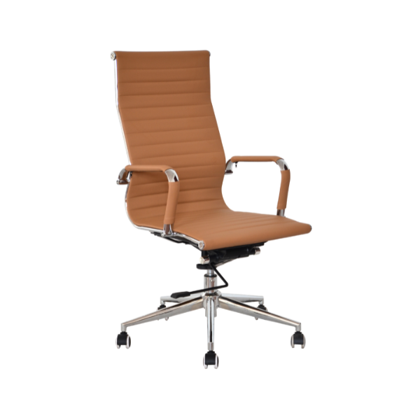 Tan leather office chair with high back, horizontal stitched seat, padded chrome armrests, adjustable height lever, and five‑star chrome wheeled base for modern professional workspace style.
