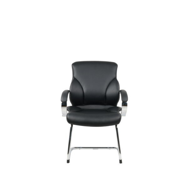 Modern black leather office chair with cushioned seat, padded armrests, and chrome sled base for contemporary workspace design.