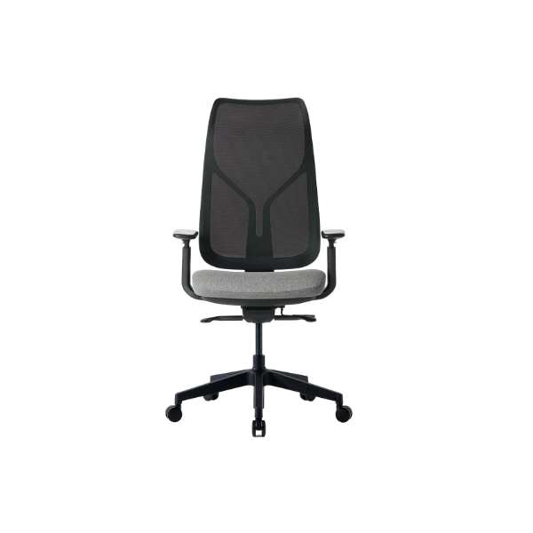 Modern ergonomic office chair with black mesh backrest, cushioned seat, adjustable armrests, and five‑wheel base for workplace comfort and posture support.