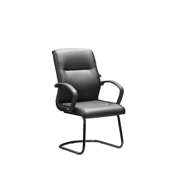 Modern black leather office chair with cushioned seat, padded curved armrests, and sturdy black cantilever metal base.