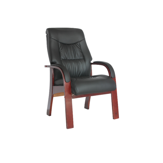 Black leather office chair with wooden armrests on a white background
