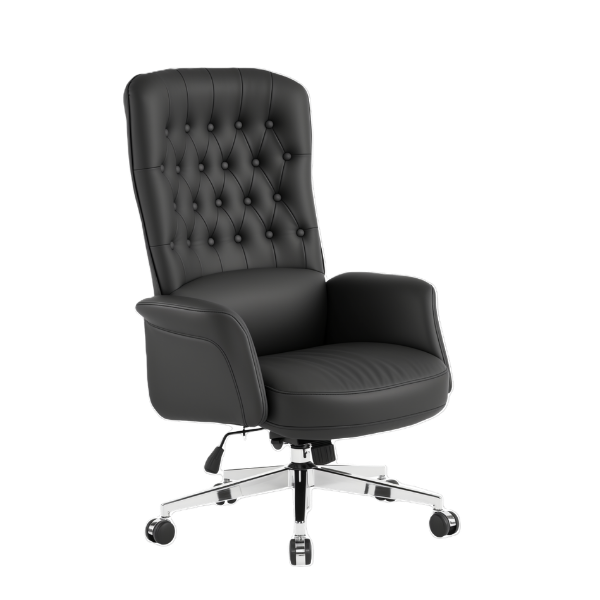 Black leather office chair with high tufted backrest featuring button detailing, padded armrests, cushioned seat, and chrome base with five caster wheels for mobility.