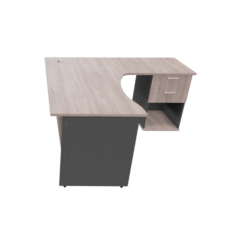 Corner office desk with gray and wood finish on a white background