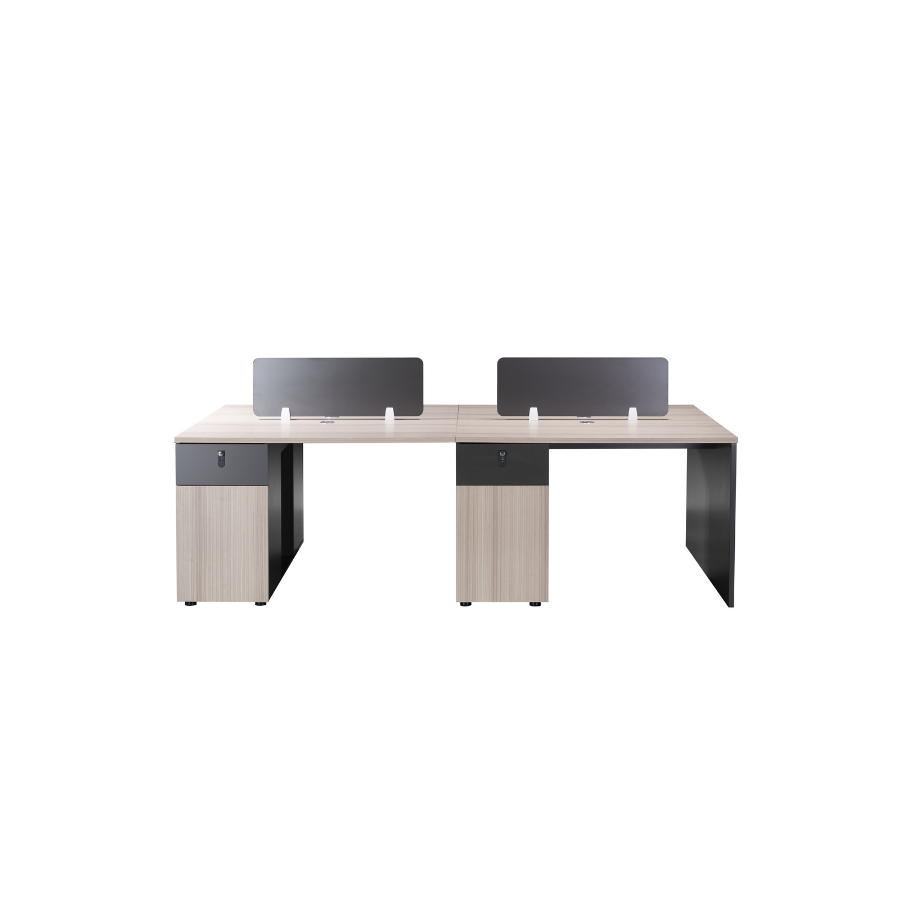 Modern two-way workstation in light oak melamine, featuring a central privacy screen and two integrated pedestals, set in an office environment, capable of expanding into larger configurations.