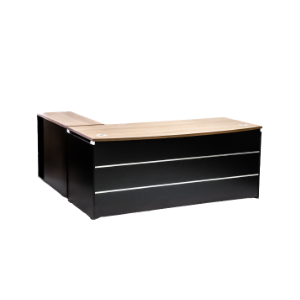 Eclipse Executive L-Shaped Desk featuring a sleek black finish with built-in storage compartments and a smooth wooden top, designed for optimal functionality and style in professional office settings.