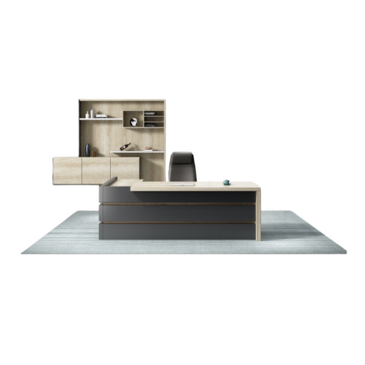 melamine L-shaped office desk with built-in credenza, featuring a modern design and a striking front panel. Available in two sizes, 1.8m and 1.6m, ideal for professional office environments.