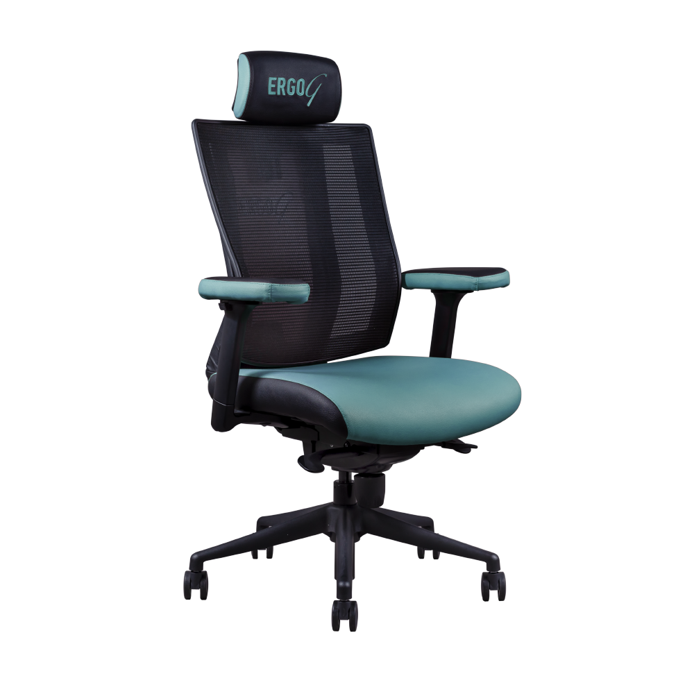 Ergo-G Gaming Chair with various leatherette color options, featuring a mesh backrest, unique pivot lumbar support, and 3D adjustable armrests on a 5-star base with twin-wheel castors, designed for ergonomic gaming comfort.