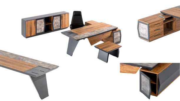 A set of wooden office furniture consisting of a large desk and a cabinet. The desk has a rectangular top with a curved front edge and four legs. The cabinet has two doors and four drawers, and is placed next to the desk. The furniture has a dark brown finish and a modern design.
