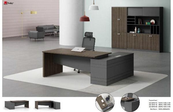 "Explore the Executive Elegance L-Shaped Desk—a modern marvel available in three sizes (1.6m, 1.8m, 2m), featuring a sleek melamine surface, L-shaped design, and three drawers for seamless storage. Elevate your workspace with this contemporary masterpiece, perfectly balancing style and functionality for the discerning executive."