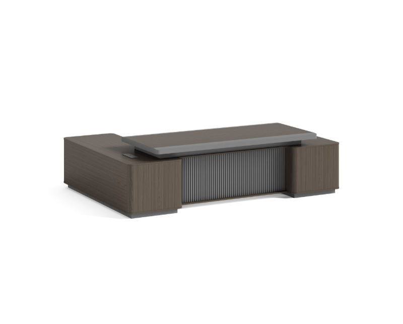 Modern L-shaped melamine office desk with built-in credenza, featuring a dark wood finish and two drawers on the left side. The desk has a minimalist design and includes a raised tabletop for a sleek, professional look