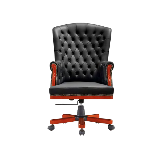 Black leather tufted executive office chair with high backrest, button-tufted upholstery, nail head trim, wooden armrests, and five-leg wooden base with caster wheels, classic professional furniture for formal workspace.