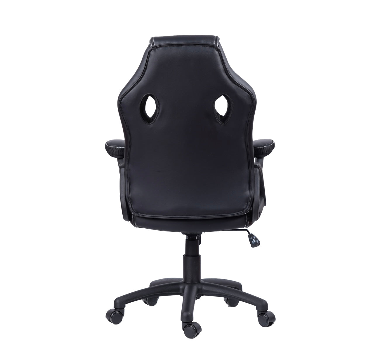 Black PU leather racing office chair with ergonomic high back design, adjustable height, and smooth-rolling caster wheels, ideal for gaming or professional office settings.