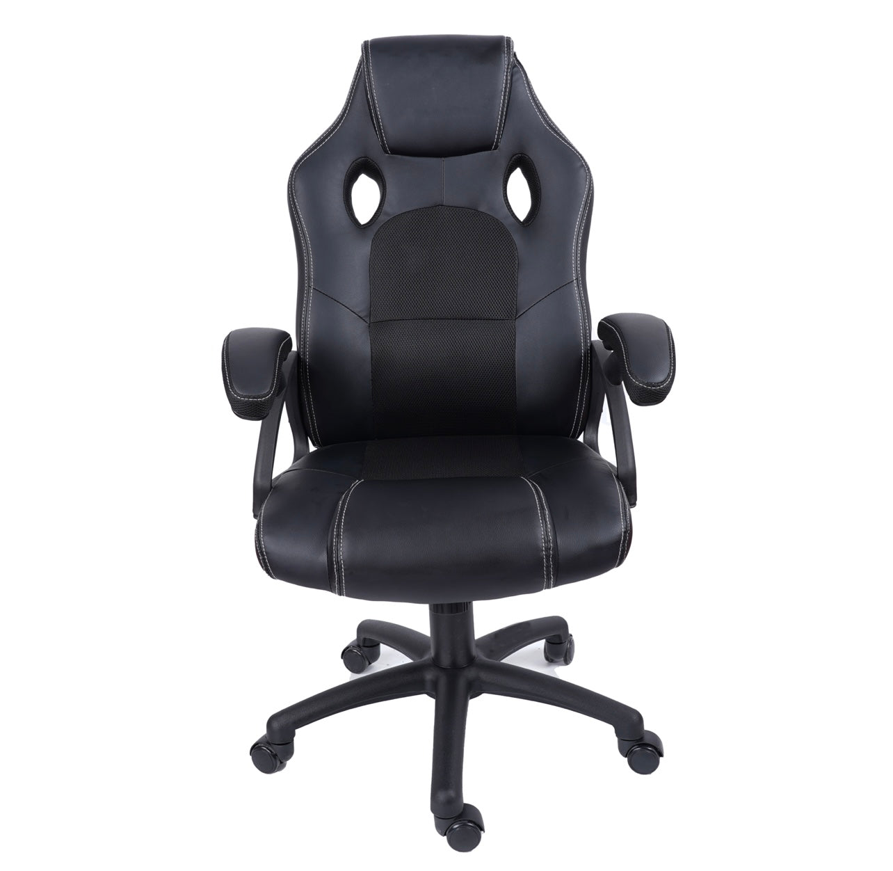Black PU leather racing office chair with ergonomic high back design, adjustable height, and smooth-rolling caster wheels, ideal for gaming or professional office settings.