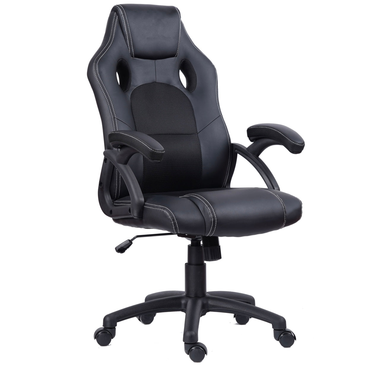 Black PU leather racing office chair with ergonomic high back design, adjustable height, and smooth-rolling caster wheels, ideal for gaming or professional office settings.