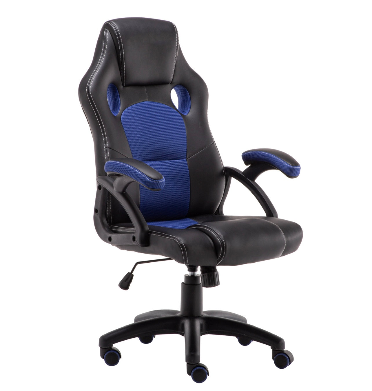 Blue and black PU leather racing office chair featuring a high backrest, adjustable seat height, and caster wheels, designed for ergonomic comfort and modern style in gaming setups.