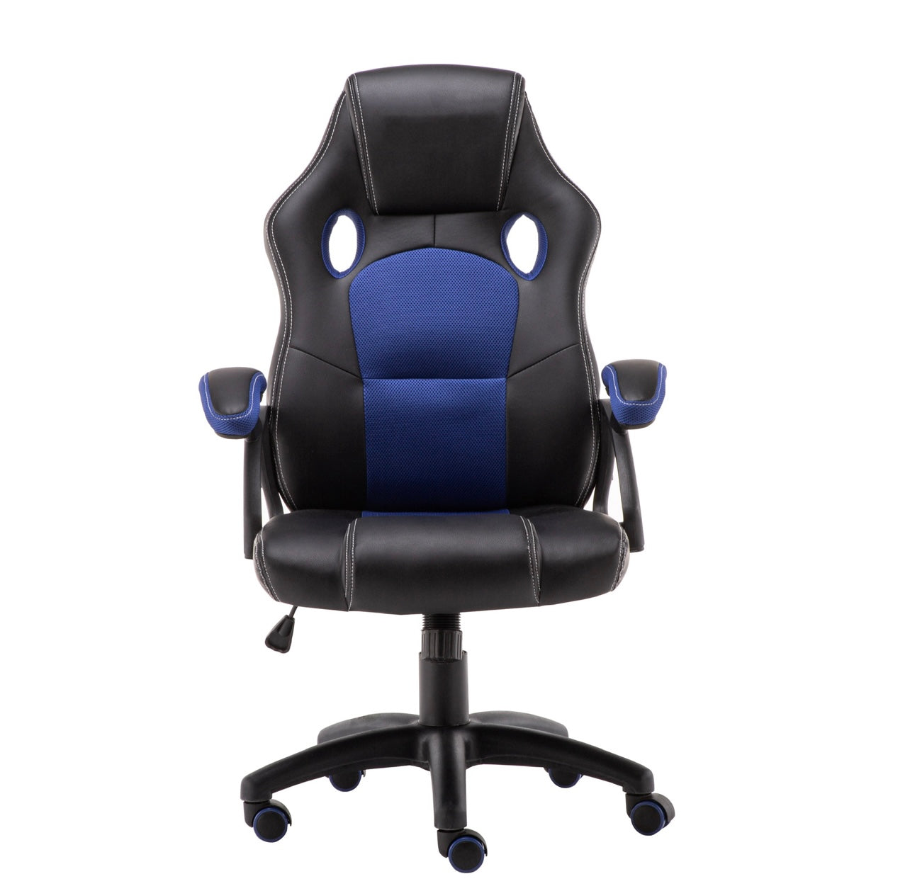 Blue and black PU leather racing office chair featuring a high backrest, adjustable seat height, and caster wheels, designed for ergonomic comfort and modern style in gaming setups.