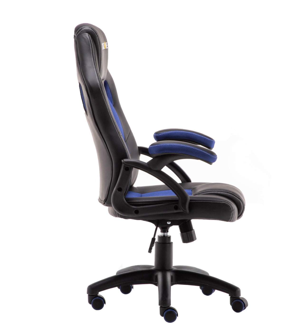 Blue and black PU leather racing office chair featuring a high backrest, adjustable seat height, and caster wheels, designed for ergonomic comfort and modern style in gaming setups.