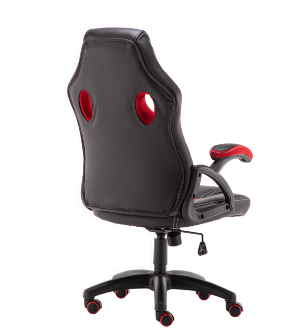Red and black PU leather racing office chair with high back, ergonomic design, and smooth rolling casters, designed for comfort and style in gaming or study setups.