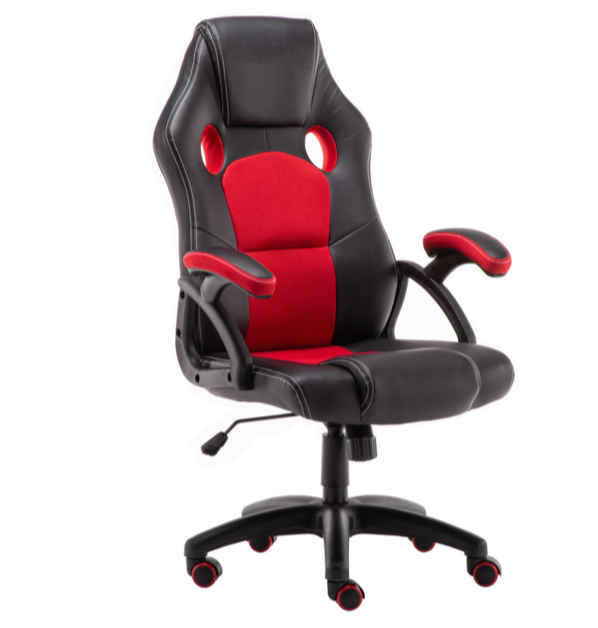 Red and black PU leather racing office chair with high back, ergonomic design, and smooth rolling casters, designed for comfort and style in gaming or study setups.