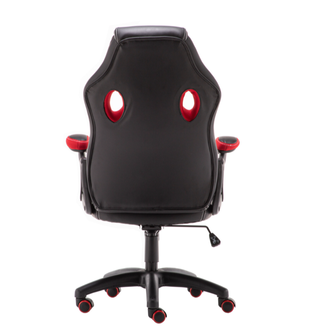 Red and black PU leather racing office chair with high back, ergonomic design, and smooth rolling casters, designed for comfort and style in gaming or study setups.