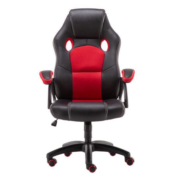 Red and black PU leather racing office chair with high back, ergonomic design, and smooth rolling casters, designed for comfort and style in gaming or study setups.
