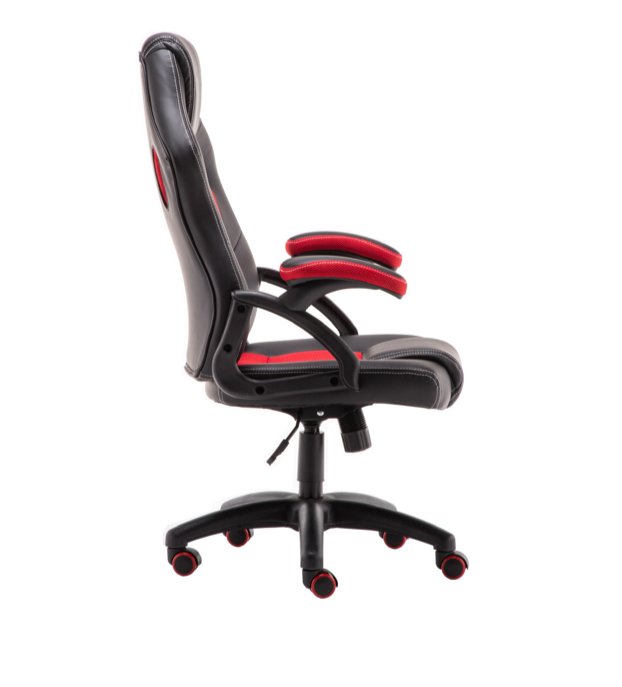 Red and black PU leather racing office chair with high back, ergonomic design, and smooth rolling casters, designed for comfort and style in gaming or study setups.