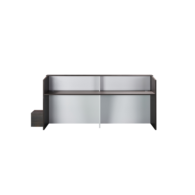 Modern reception desk featuring a white front panel and a melamine finish, available in either dark oak or light oak, sized at 2600 x 600 x 1100 mm, set in a professional office environment.