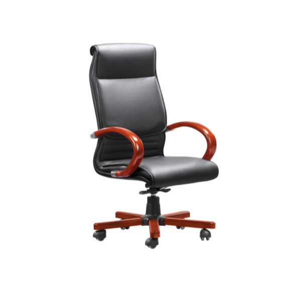 Modern executive office chair with high backrest, black leather upholstery, cushioned seat, polished reddish-brown wooden armrests and five-leg wooden base with caster wheels, stylish professional furniture for office workspace.