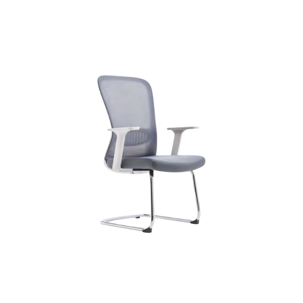 Modern office chair with gray mesh backrest, cushioned gray seat, white armrests, and sleek metal cantilever base, designed for ergonomic support and contemporary style.