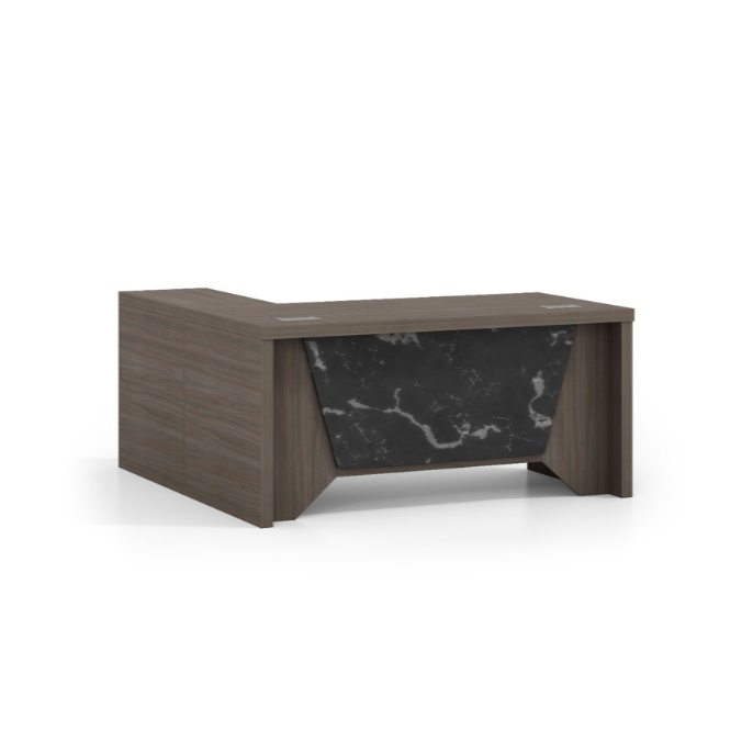 Dark melamine office desk with built-in credenza in an L-shape design, featuring a marble-look front panel. Available in two sizes: 1.8m and 1.6m.