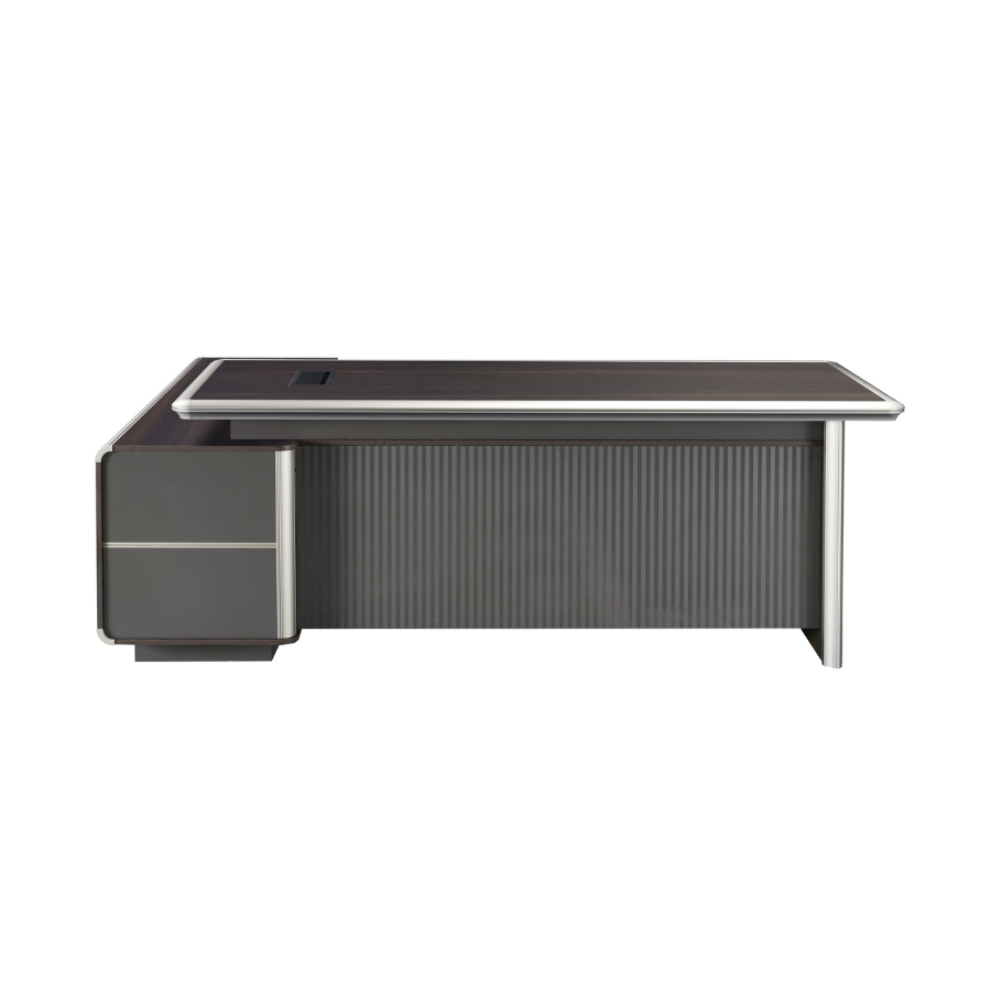 Majestic Oak Executive Desk Set featuring a 2.2m dark oak executive desk with a matching fixed credenza, showcasing a thick tabletop, panel legs, and aluminium edging, set in a professional office environment