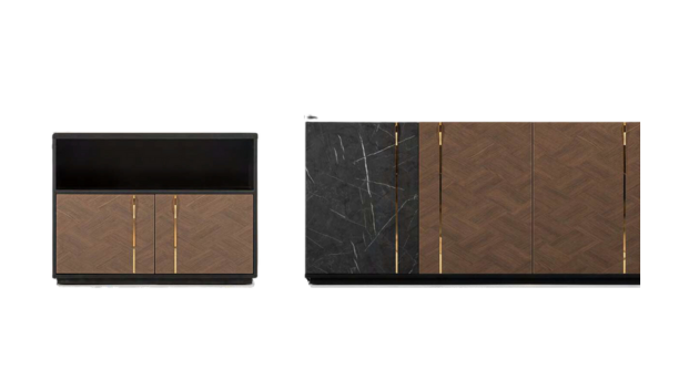 A set of office furniture consisting of a large desk, a credenza, and a cabinet. The desk has a dark brown top with a curved front edge and four legs. The credenza has a similar top and two drawers, and is placed next to the desk. The cabinet has two doors and four shelves, and is mounted on the wall above the credenza. The furniture has a sleek design and a luxurious finish.