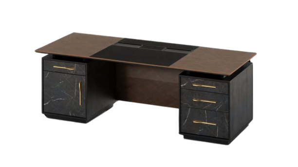 A set of office furniture consisting of a large desk, a credenza, and a cabinet. The desk has a dark brown top with a curved front edge and four legs. The credenza has a similar top and two drawers, and is placed next to the desk. The cabinet has two doors and four shelves, and is mounted on the wall above the credenza. The furniture has a sleek design and a luxurious finish.