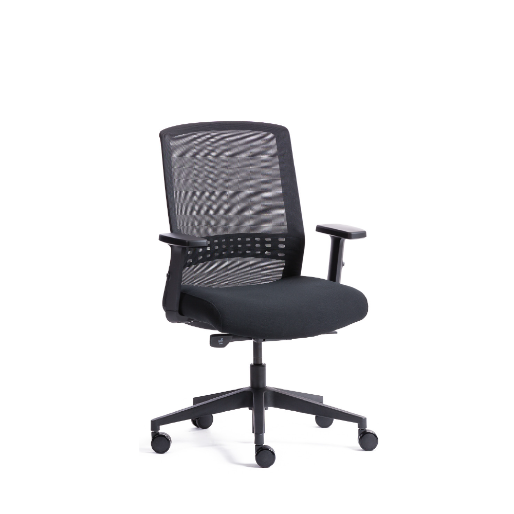 Modern Metro Midback Office Chair with black fabric seat, height-adjustable armrests, and a mesh backrest on a star base with twin-wheel castors, designed for ergonomic comfort.