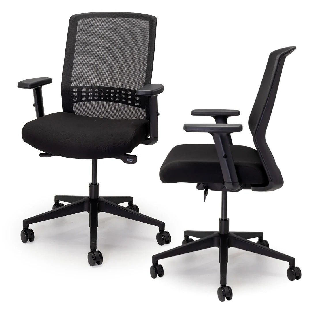 Modern Metro Midback Office Chair with black fabric seat, height-adjustable armrests, and a mesh backrest on a star base with twin-wheel castors, designed for ergonomic comfort.