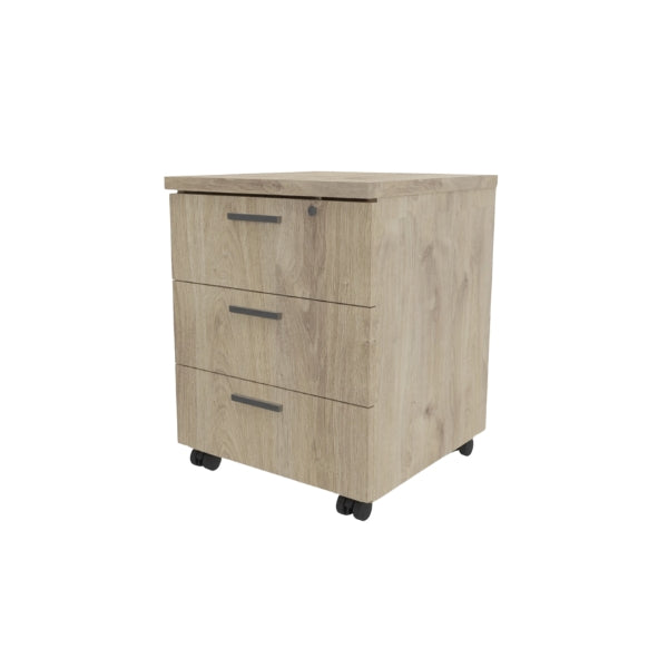 A modern Eco 3-drawer mobile pedestal in various colors, featuring lockable top drawer and casters for mobility, suitable for office environments.