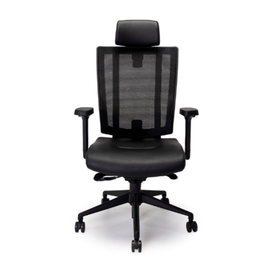 A black ergonomic high-back office chair with a mesh back and a leatherette seat, featuring armrests and a five-star base with caster wheels.