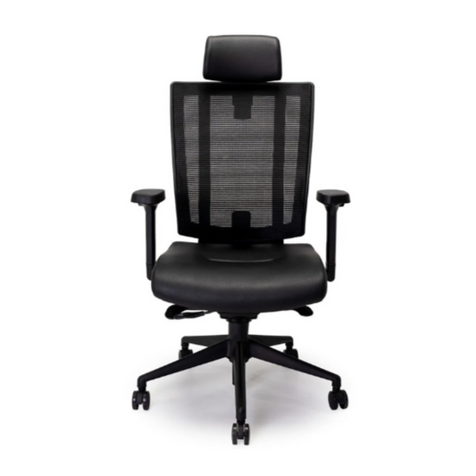 A black ergonomic high-back office chair with a mesh back and a leatherette seat, featuring armrests and a five-star base with caster wheels.